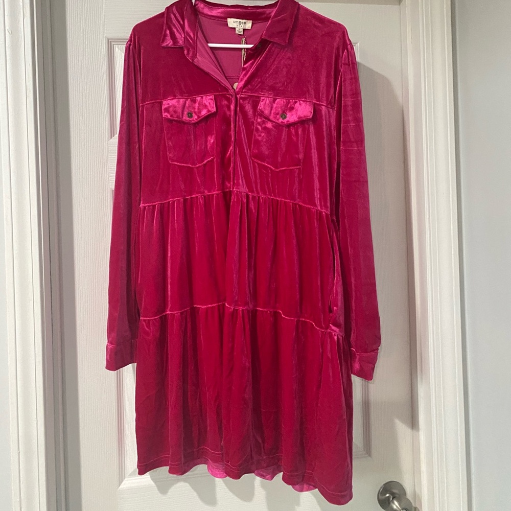Umgee Pink Tiered Tie Front Long Sleeve Dress